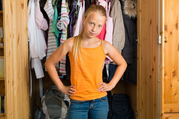 A young girl confidently choosing a pre-selected outfit from her closet, smiling and looking happy. The image showcases the child's independence and the positive impact of the outfit selection hack.