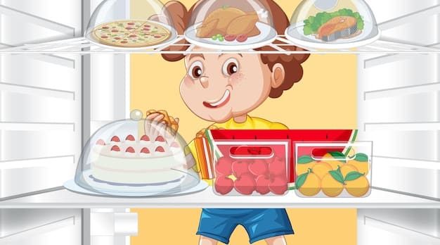 A well-organized refrigerator with shelves dedicated to pre-prepped snacks. Containers of cut fruits, vegetables, yogurt cups, and cheese sticks are neatly arranged. The image conveys a sense of order and ease of access to healthy snack options.