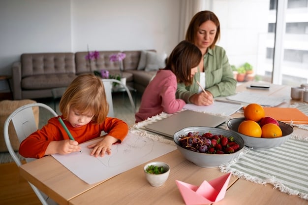 A mom using a colorful planner with stickers and notes, sitting at a kitchen table with her children doing homework. The planner is open, showing a detailed weekly schedule.