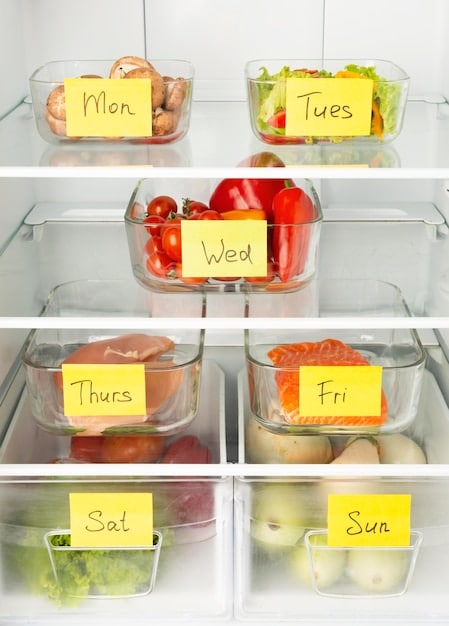 A well-organized refrigerator with prepped ingredients in clear containers. Labels are visible, indicating what each ingredient is for. Fresh fruits and vegetables are prominently displayed.