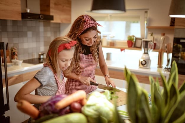 A family, including parents and children, is working together in the kitchen. Some are chopping vegetables, while others are stirring pots. Laughter and smiles are visible.