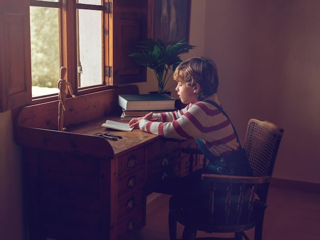 A young student sitting at a desk in a quiet corner, surrounded by bookshelves and motivational posters. The room is well-lit and free of clutter, creating a calm and focused atmosphere.