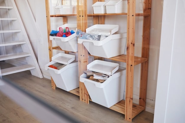 A well-organized US family home, with labeled bins, neatly arranged shelves, and a clutter-free living area
