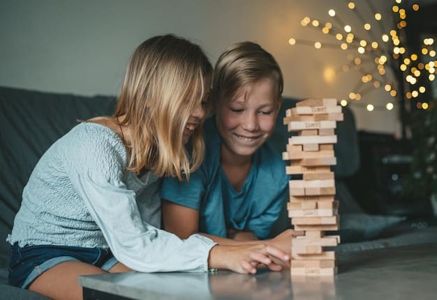 A shot of siblings happily playing together, sharing toys and laughing. They are implementing a solution they came up with together.