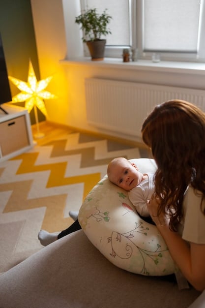 A mother gently observing her baby in a crib, with soft sunlight streaming through the window. The baby is lying awake, calmly looking around the room.