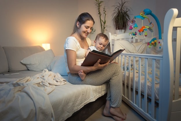 A parent reading a book to their baby in a dimly lit room. The baby is lying in a crib, looking attentively at the book. Soft, warm lighting creates a cozy atmosphere.