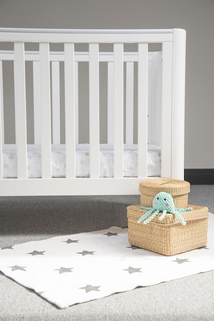 A serene and minimalist nursery with a crib, a rocking chair, and a simple rug, all in neutral colors. The room is well-lit and uncluttered, with just a few essential items neatly arranged, conveying a sense of calm and order.