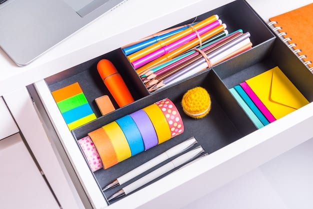 A close-up of a well-organized desk drawer, containing labeled folders, pens, pencils, and other essential stationery items. The drawer is neatly arranged and easy to navigate.