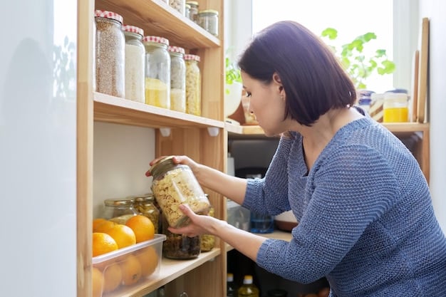 A well-organized pantry with labeled containers and shelves, showcasing efficiency in food storage and meal preparation.