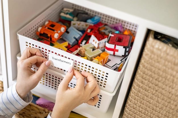 A colorful and organized kids' playroom with labeled toy bins and accessible shelving, fostering a sense of order and creativity.