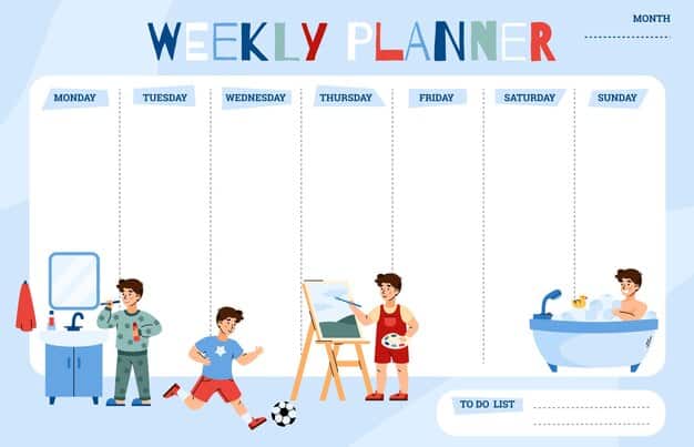 A visual schedule displayed on a wall illustrating the typical activities and potty breaks throughout the 3-day potty training period.