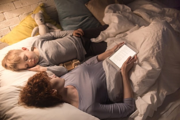 A parent lovingly reading a bedtime story to their child in a dimly lit room, creating a cozy and comforting atmosphere that promotes relaxation before sleep.
