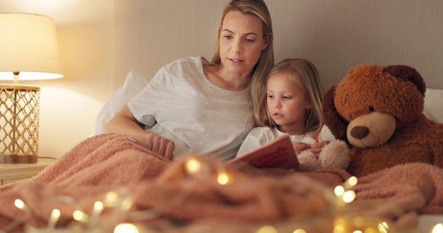 A mom hugging her child tightly, both smiling, sitting in a cozy, softly lit room with books and toys scattered around.