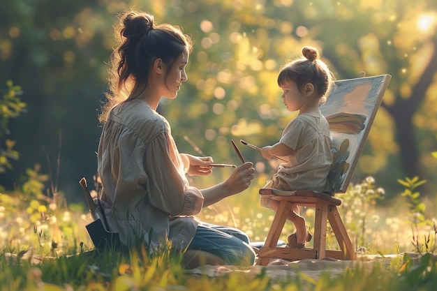 Kids happily engaged in a self-care activity like painting or reading, while their mom relaxes nearby, showcasing a balanced and enjoyable atmosphere.