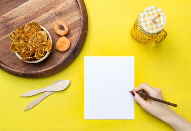 A close-up of a hand writing on a beautifully designed paper meal planning template. The template is divided into sections for each day of the week, along with a space for notes and a grocery list. The background is a brightly lit kitchen.