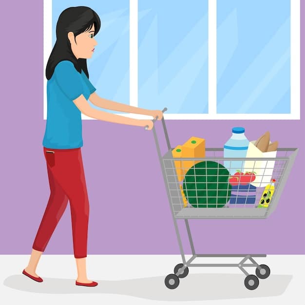 A mom pushing a shopping cart in a well-organized grocery store. She is referring to a digital grocery list on her smartphone while selecting fresh produce. Shelves of colorful fruits and vegetables are visible in the background.