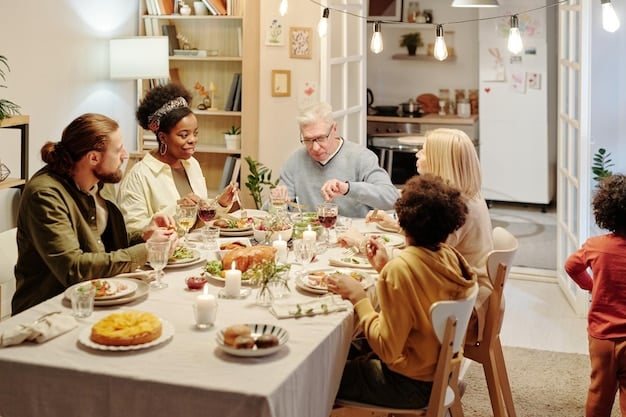 A family happily gathered around a dining table, enjoying a home-cooked dinner together.