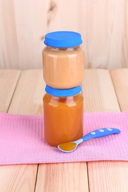 A side-by-side comparison of a jar of store-bought baby food and a bowl of homemade baby food. The store-bought option appears processed, while the homemade version looks fresh and vibrant.