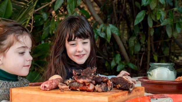 A baby happily gnawing on a large, soft strip of cooked beef. The baby’s hands are grasping the meat, and there is a look of enjoyment on their face. The parent is closely supervising.