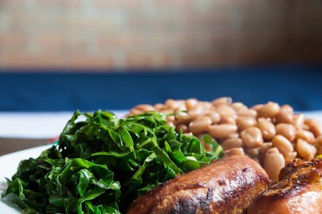 A shot of a variety of iron rich foods, like spinach, meat and beans