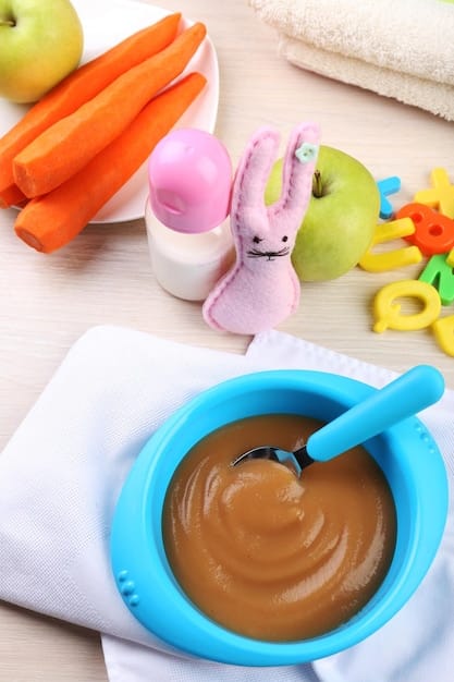A vibrant photo showcasing the top 5 iron-rich foods for babies: pureed beef, iron-fortified cereal, cooked spinach, lentil soup, and prune puree. Each food is presented in a small bowl or container, arranged neatly on a clean, bright surface. The image emphasizes the variety of colors and textures, highlighting the nutritional value of each option.