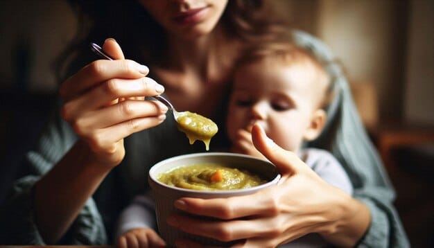 A mother feeding her 9-month-old baby a bowl of mashed avocado with small pieces of cooked chicken. The baby is sitting in a high chair and smiling.