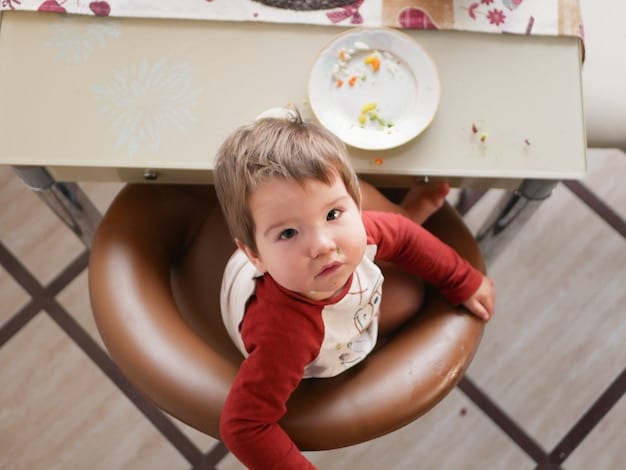 An overhead shot of a baby's high chair with various colorful and natural-looking organic baby food pouches and containers spread around. The baby's bib is clean, suggesting preparation before feeding. Fresh fruits and vegetables such as bananas, carrots, and spinach are arranged near the baby food to emphasize the natural ingredients.