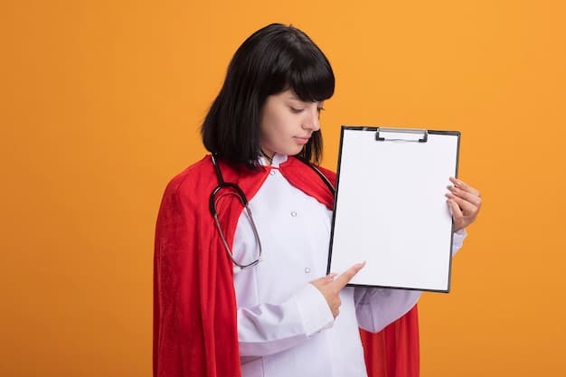 A close-up shot of a pediatrician holding an informational chart detailing the stages of introducing solid foods to a baby. The chart showcases images of pureed fruits, veggies, and cereals, along with age ranges. Medical equipment blurred in the background.