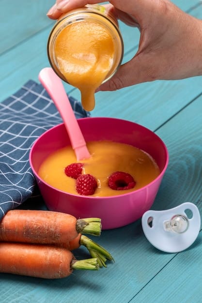 A visually appealing step-by-step guide showing how to make homemade baby food, featuring fresh fruits and vegetables being washed, steamed, and pureed in a blender. Each step is clearly illustrated with bright, inviting images.