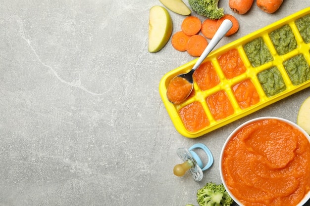 A top-down shot of various baby food storage containers on a kitchen counter: silicone freezer trays, small glass jars, and BPA-free plastic containers, with a hand reaching to place a lid on one of them.