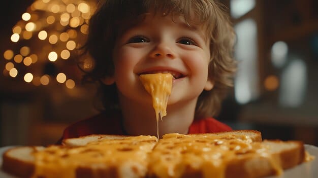 A toddler sitting at a table, happily reaching for a slice of cheese with one hand and holding a bell pepper strip in the other. Several colorful fruits and vegetables are scattered on the table around the child. The child is smiling, showing a positive and joyful experience with the food.
