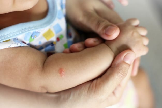 A close-up of a baby's skin showing hives or a rash, indicating an allergic reaction to food. The focus is on the affected skin area to highlight the symptoms.