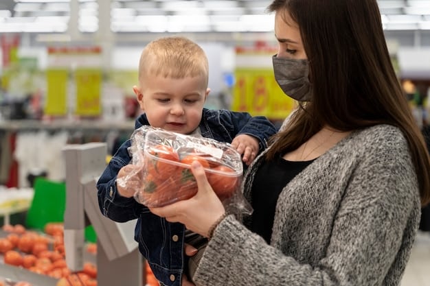 A parent choosing baby food from a store shelf, focusing on packaging with eco-labels and certifications indicating sustainable practices.