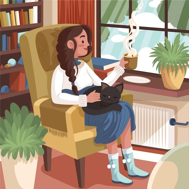 A mother is sitting in a cozy armchair, reading a book with a cup of tea, while her children play quietly nearby, representing the importance of creating peaceful moments for oneself despite a busy schedule.