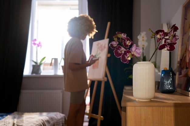 A mother happily painting at an easel in a quiet corner of her living room, surrounded by her art supplies. Soft, focused lighting.