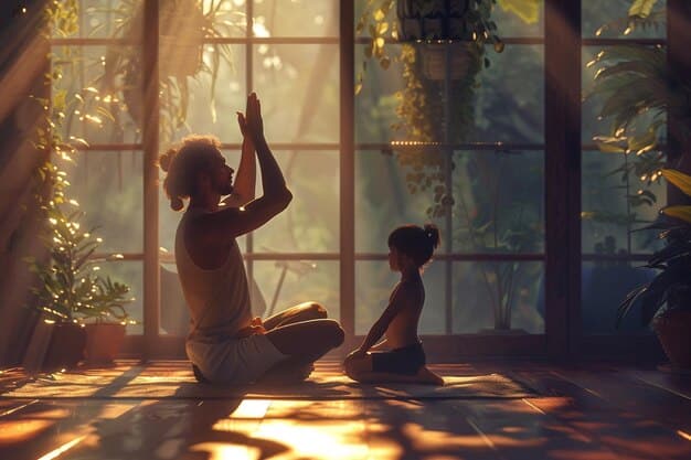 A mom practicing deep breathing exercises in a quiet corner of her home while her children play nearby, sunlight streaming in, illustrating a moment of mindful self-care amidst chaos.
