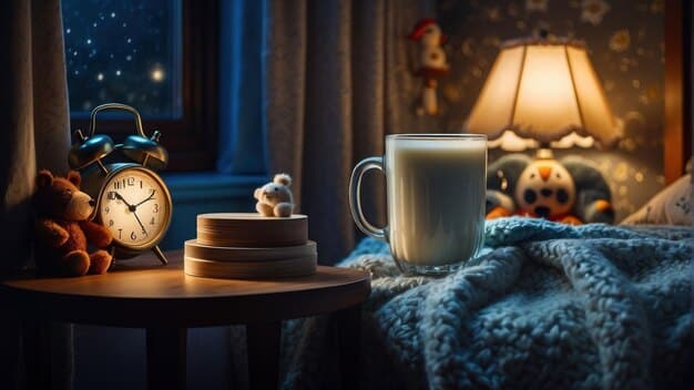 A close-up shot of an alarm clock set for 5:30 AM on a bedside table next to a book and a cup of tea. The room is dimly lit, suggesting the early morning quiet.