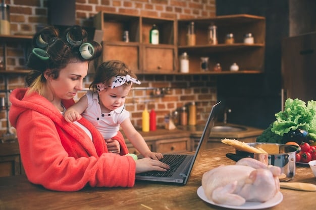 A mom working on a laptop at her kitchen table while her young child plays independently on the floor nearby. The scene is realistic and portrays the challenges of balancing work and motherhood.