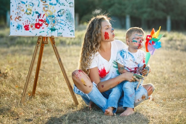 A mother laughing while painting with her children, vibrant colors splattered across the canvas, showing a joyful and engaging self-care activity that involves family.
