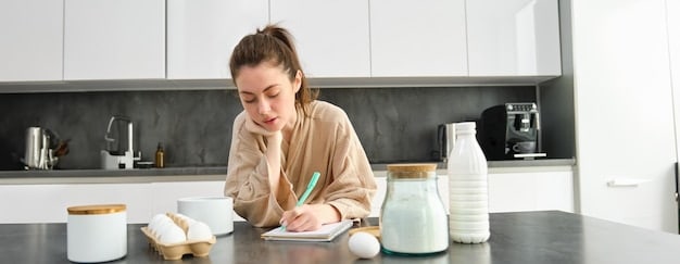 A mom sitting at her kitchen table with a planner, a pen, and a cup of tea, smiling as she makes notes about her self-care goals for the month, surrounded by a calm and organized environment.