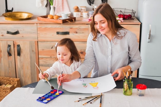 A mother and her child sitting side-by-side at a table, both happily finger-painting on large sheets of paper. Colorful paints and brushes are scattered around them.
