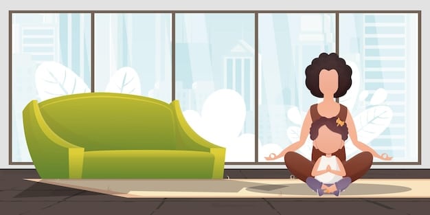 A mom sitting cross-legged on a yoga mat in her living room, eyes closed, taking a deep breath. Her two young children are playing quietly nearby with building blocks. The scene is peaceful and serene.