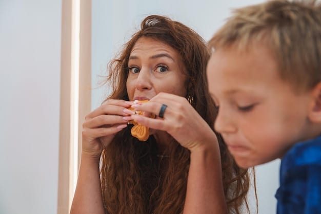 A close-up shot of a mother mindfully chewing a bite of food. Her eyes are closed, and she appears to be fully savoring the taste and texture. The background is blurred, emphasizing the focus on the present moment.