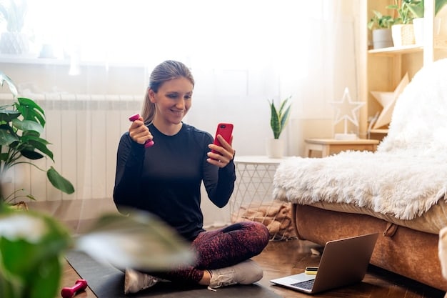 A mother using a guided meditation app on her phone while sitting comfortably in a quiet corner of her home.