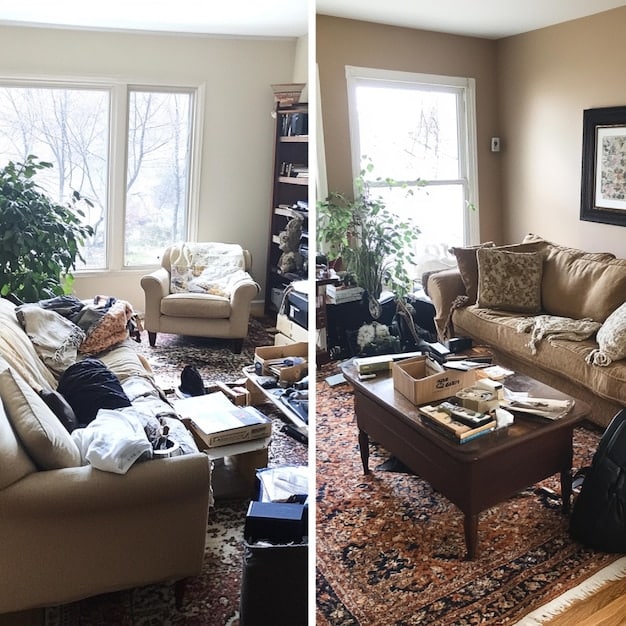 A before-and-after shot showcasing a cluttered living room transforming into a clean and organized space with minimalist decor.