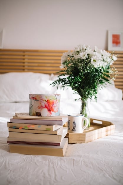 A serene bedroom with a neatly made bed, soft natural light, and calming decor. A diffuser releases essential oils, and a book lies open on the nightstand.