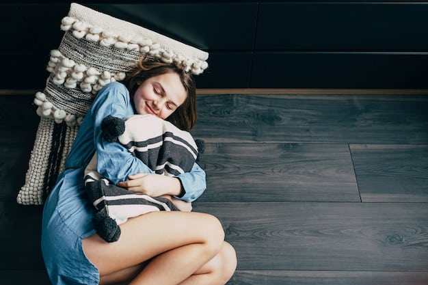 A mother is sitting on the floor, cross-legged, with her eyes closed and a peaceful expression. Her two young children are sitting beside her, also with their eyes closed. They are practicing mindfulness together in their living room