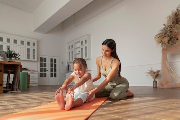 A mother enjoying a yoga session in her living room while her baby naps peacefully nearby.