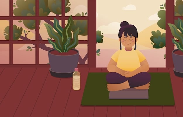 A mother sitting comfortably on a cushion in a quiet garden, meditating with her eyes closed and hands resting gently on her knees. Sunlight filters through the trees, creating a peaceful atmosphere.