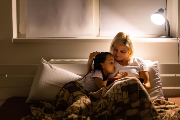 A dimly lit bedroom with a mother peacefully sleeping in bed. The room is tidy and relaxing, with soft lighting from a bedside lamp.